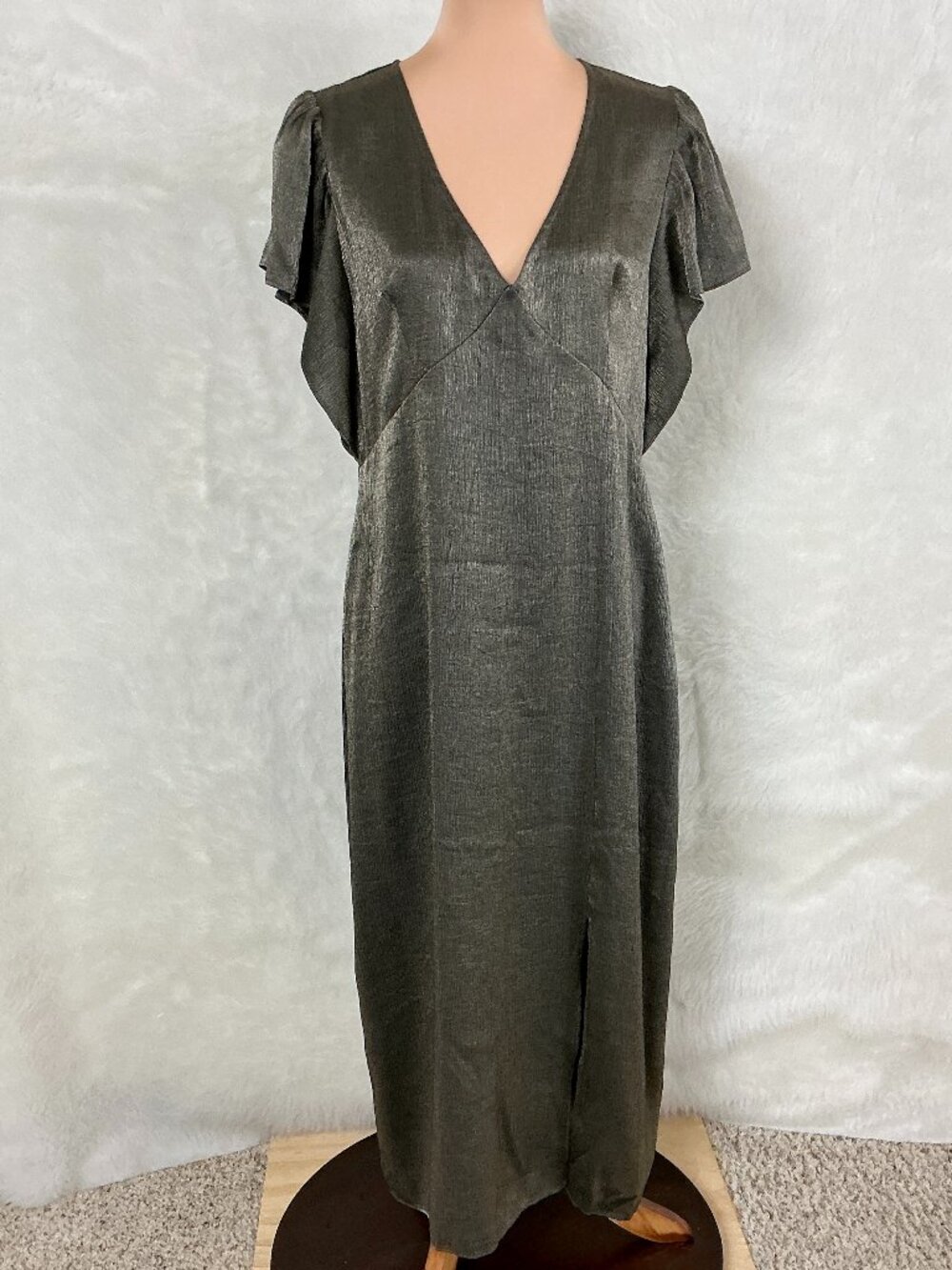 Nation LTD Gray Gold Metallic Satin V-Neck Pamela Flutter Sleeve Midi Dress L